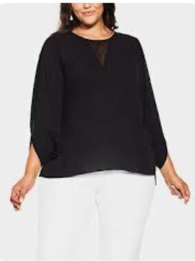 City Chic Black V-Neck Sheer-Inset Blouse